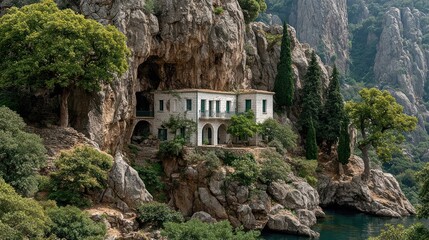 White house nestled into rocky cliffside
