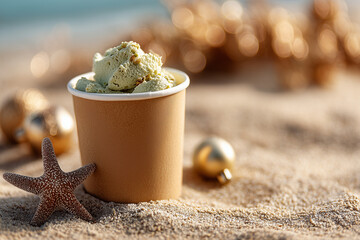 Green pistachio ice cream served in a paper cup on sandy beach with a starfish nearby, golden sunset backdrop, dreamy and refreshing.