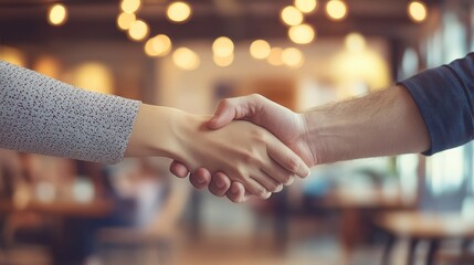 hands shaking and hiring banner, blurred background of coworking space