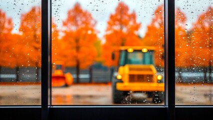 Heavy machinery parked near vibrant autumn trees on a rainy day at a construction site