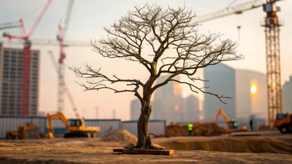 Construction site with a bare tree in the foreground during sunset in an urban area