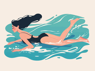 A woman in a black swimsuit gracefully swims through turquoise water, enjoying a peaceful moment under the sun. Her long hair floats behind her as she glides effortlessly.