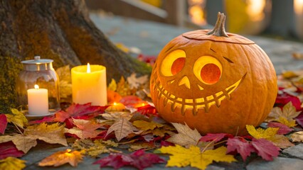 Colorful autumn scene with carved pumpkin and candles featuring warm glow among fallen leaves