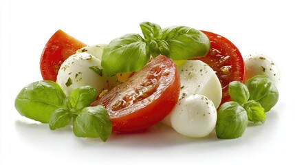 Close-up of fresh mozzarella and tomato salad with basil.