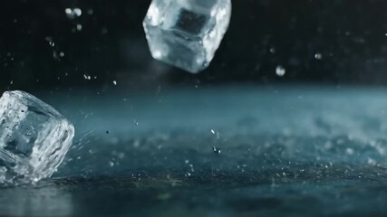 Super slow motion shot captures dramatic explosion of ice cubes splashing in water during a creative culinary experiment in a well-lit studio setting - Powered by Adobe
