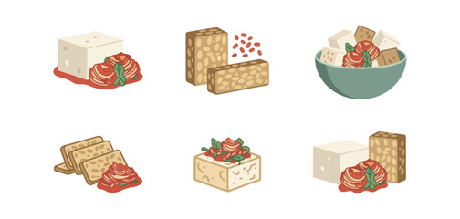 Tofu tempeh and vegetable dishes illustration