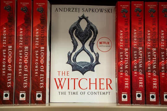 The Witcher books by Andrzej Sapkowski on bookstore shelf. Toronto, Canada - September 24, 2025.