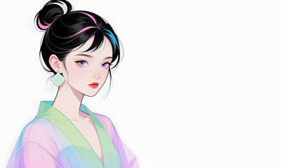 Anime Girl Portrait in Kimono with Colorful Hair and Earrings Illustration