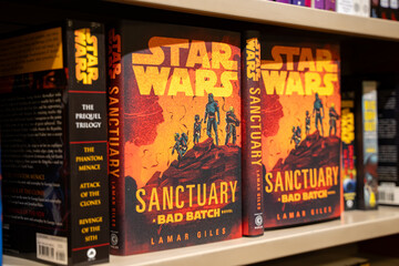 Naklejka premium Star Wars Sanctuary book by Lamar Giles on bookstore shelf. Toronto, Canada - September 24, 2025.