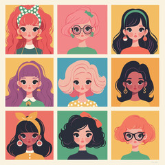 Obraz premium Nine female characters showcase unique hairstyles and outfits in bright colors. Each character has distinct accessories that highlight their individual styles.