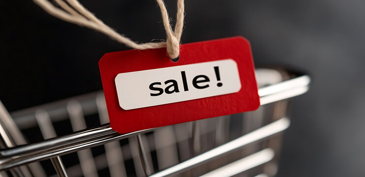 Sale tag on a shopping basket. Promotion in store, discounts and deals. Limited time offer. Shop till you drop. Get ready for a bargain!