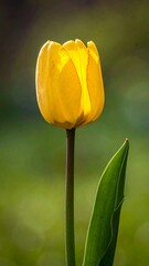 Naklejka premium A vibrant yellow tulip in a soft focus garden setting