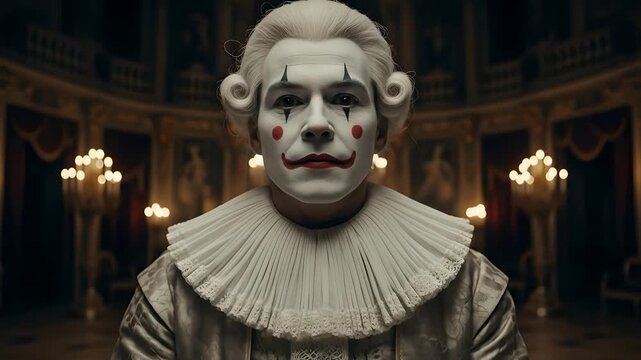 Sad clown holding black rose. Pierrot character looks at camera, tears form. Theater, darkness, drama, mental health themes, mime, sorrow, gothic art.