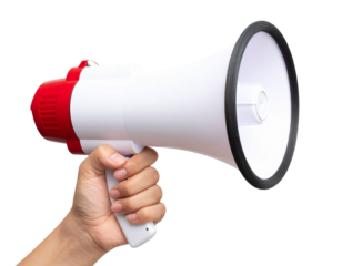 Side View of Light-Skinned Hand Firmly Gripping White and Red Megaphone, Isolated on Transparent Background
