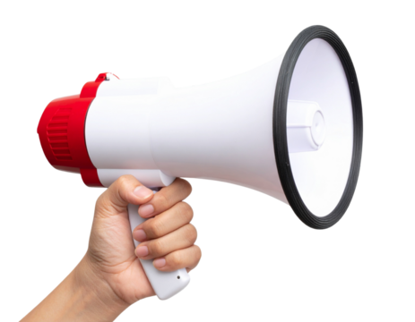Side View of Light-Skinned Hand Firmly Gripping White and Red Megaphone, Isolated on Transparent Background