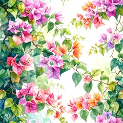 Watercolor painting of vibrant bougainvillea blossoms and green leaves on white background