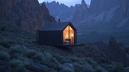 Mountain cabin at dusk