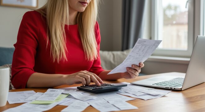 Calculating expenses a woman managing bills at home finance workspace cozy environment viewpoint