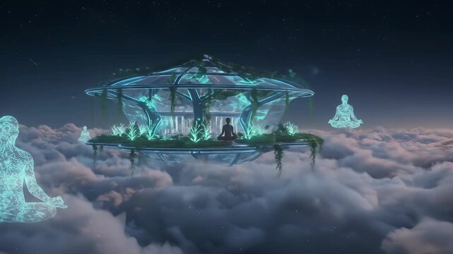 Meditative serenity in a futuristic sky garden oasis above a sea of clouds