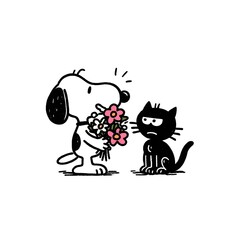 Fototapeta premium Dog holding a bouquet of flowers for the cat, cat looking unimpressed, funny cartoon logo, white background, no text