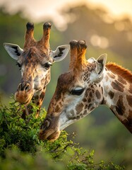 Obraz premium Two giraffes graze peacefully on green foliage during golden hour, their heads close together