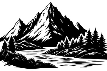 Vector art of black and white mountain landscape with river
