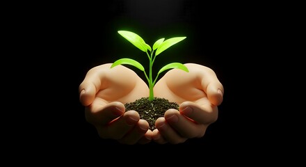 Hands holding growing plant on black background, new life, growth, ecology, nature.