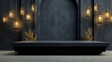 3D render of a simple black arch with golden lanterns hanging on it,