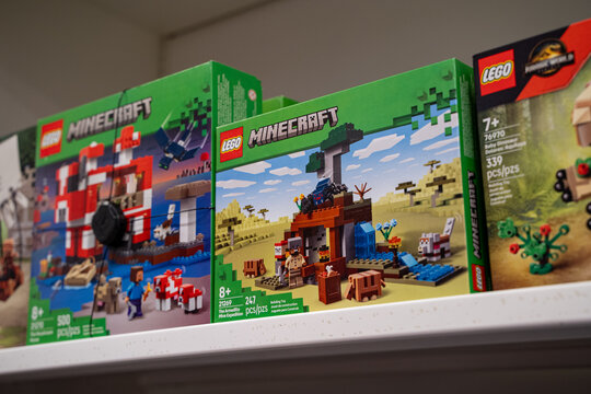 Lego Minecraft series boxes on store shelf. Toronto, Canada - September 24, 2025.