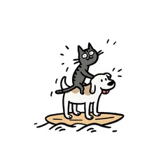 Cat surfing on the dogâ€™s back like a surfboard, silly cartoon logo, white background, no text