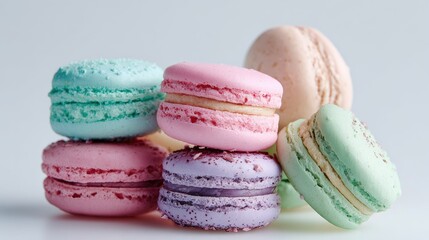 Fototapeta premium Colorful macarons stacked and arranged in various pastel shades.
