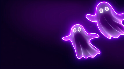Two glowing neon ghosts float against a deep purple background, creating a playful Halloween glow with bright pink outlines.