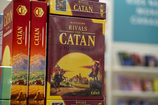 Rivals for Catan card game box on store shelf. Toronto, Canada - September 24, 2025.