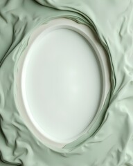 A blank oval frame revealed by soft, draped green fabric. An elegant and minimalist background for showcasing a product or portrait.