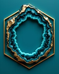 A hexagonal gold frame surrounds a beautiful teal geode with a hollow center. A luxurious and natural background for branding or invitations.