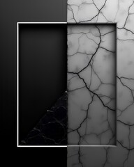 An abstract rectangular frame with a split design of smooth black and cracked grey concrete. A modern, industrial concept of contrast and deconstruction.