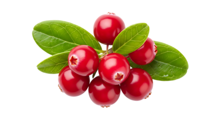 Cluster of Red Lingonberries with Green Leaves on Black Background Keywords: lingonberries