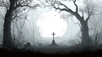 Spooky Graveyard Scene with Cross and Full Moon for Halloween Illustrations