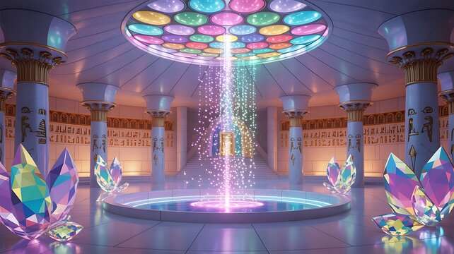 Ornate Hall with Stained Glass Dome, Golden Bowl, and Faceted Spheres, Creates a Mystical Aura with Warm Light and Soft Shadows, Exuding Grandeur and Elegance