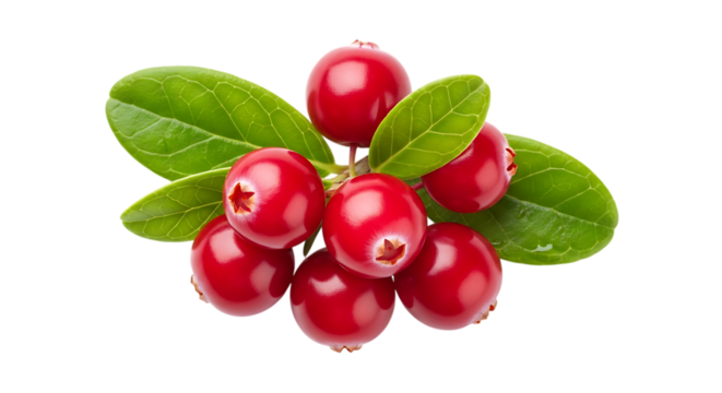 Cluster of Red Lingonberries with Green Leaves on Black Background Keywords: lingonberries