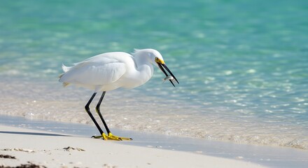 White egret catching fish