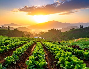 Vibrant sunrise over a vast, terraced farm landscape