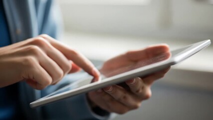 Close-up of hands using a tablet device, tapping the screen for navigation and interaction - Powered by Adobe