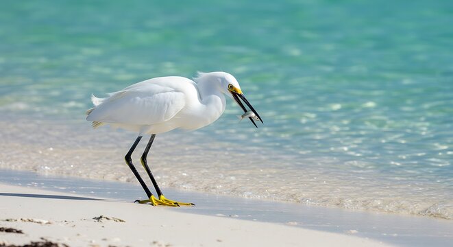 White egret catching fish