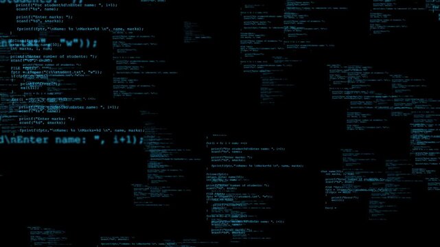 Flowing lines of programming code animation showing dynamic scripts, for use of cybersecurity visuals, software development presentations, tech tutorials, hacker themes, futuristic digital backgrounds