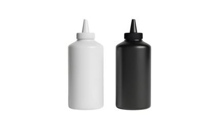 Sleek sauce bottles, black and white condiment dispensers for modern kitchen