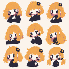 Obraz premium A colorful collection of a cute character with bright yellow hair, displaying different expressions and poses. Each design showcases unique styles and emotions.