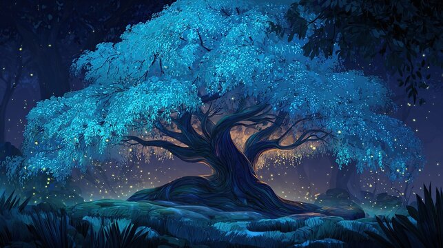 Glowing tree in a dark forest; illuminated by fireflies at night - Powered by Adobe