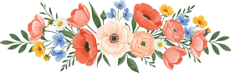Watercolor floral arrangement with anemones poppies and ranunculus on transparent background