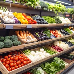 Well-stocked produce shelves display a vibrant array of fresh vegetables and fruits